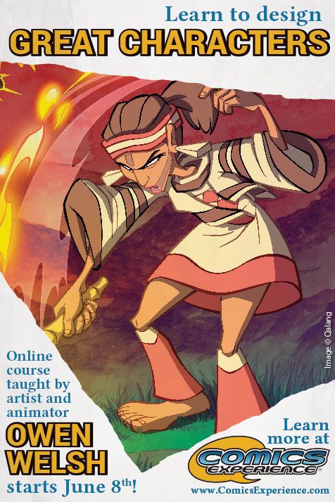 Learn to design Great Characters. Online course taught by artist and animator Owen Welsh. Starts June 8th. Learn more at Comics Experience. Picture of a person in a red, brown, and cream robe and headband casting a spell. 